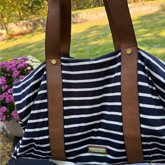 Madden Girl Navy and White Striped Tote with Brown Trim - Picture 8 of 16